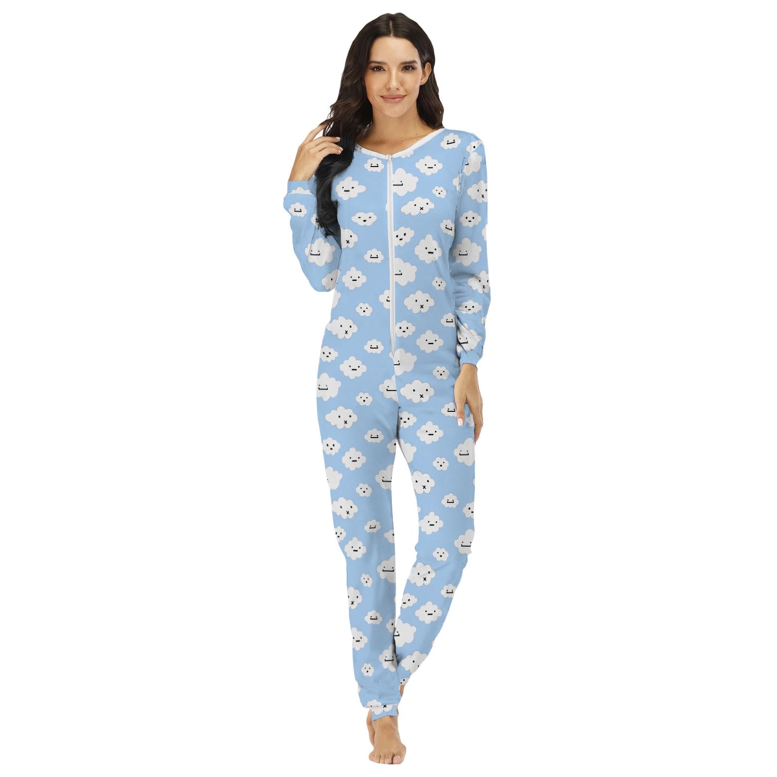 Damen Jumpsuit Onesie Pyjama Sanft Schlafanzug Einteiler Strampler Lang Button-Down Overall Langarm Frühling Herbst Winter Weihnachten Nachtwäsche Homewear