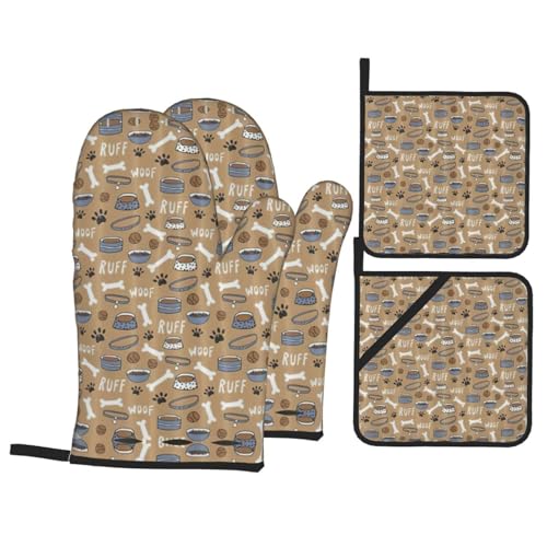 Set di 4 guanti da forno e presine con ciotola a forma di zampa di cane, con ciotola a forma di osso, guanti da cucina, set da 4 pezzi