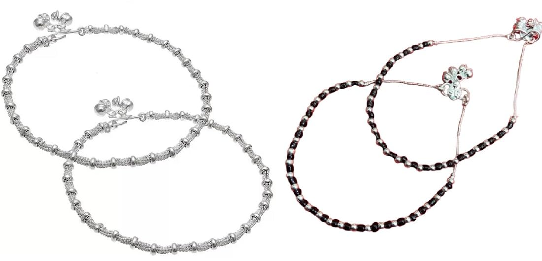 Girls Women's Silver Plated & Brass Stylish Black Silver Anklets Payal (Pack Of 4) (Black)-image-10