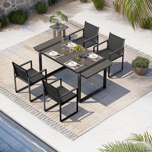 Image of Outdoor Dining Set, 5 Piece Aluminum Patio Furniture Set | Weather Resistant Outdoor Table and Chairs, HDPS Tabletop with Umbrella Hole, Textilene Mesh Chairs