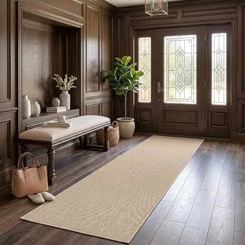 Garvee Washable Runner Rug 2x6 Woven Textured Hallway Runner Rug Modern Minimalist Solid Color Non Slip Runners Low Pile Non-Shedding Thin Foldable Mat for Entryway Kitchen Bathroom Bedside Tan