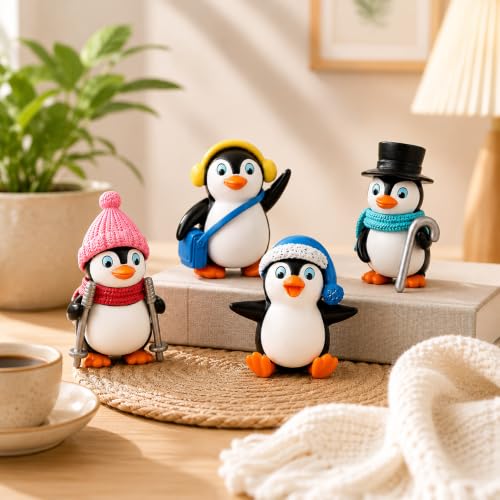 Image of Cute Penguin Miniature Showpiece Set of 4 Premium Resin Penguin Figurines for Home Decor Car Dashboard Office Desk Room Decoration Birthday Return Housewarming Gift