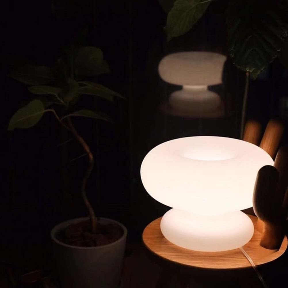AoLa LED Donut Tischlampe Pilz Tischleuchte mit Kabel und Schalter Weiß Glas Lampenschirm Rund Deko Nachttischlampe Moderne Design Nachtlicht für Wohnzimmer Schlafzimmer Kinderzimmer WarmWeiß