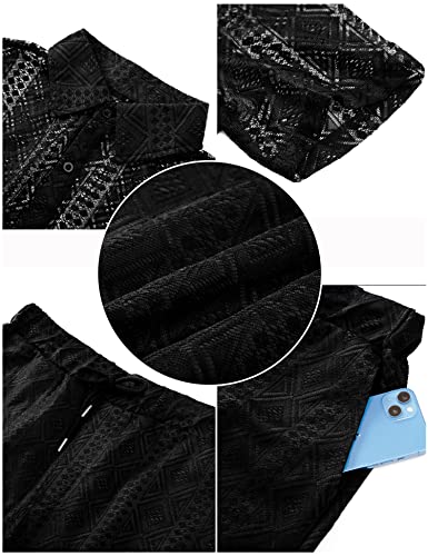 LecGee Men Summer Casual Short Sets Lace Short Sleeve Button Down Shirt Elastic Waist Shorts 2 Piece Outfits Tracksuit4