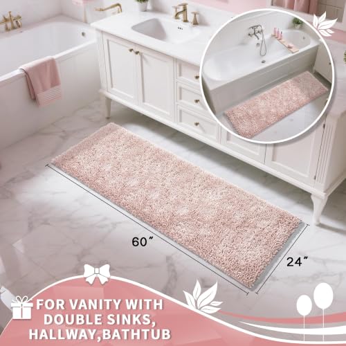 Image of Yimobra Long Bathroom Rugs Runner 60x24 Inch, Extra Thick Soft Absorbent Chenille Bath Mat, Non Slip Machine Washable, Quick Dry Bath Rugs for Bathroom Floor, Tub and Shower, Pink