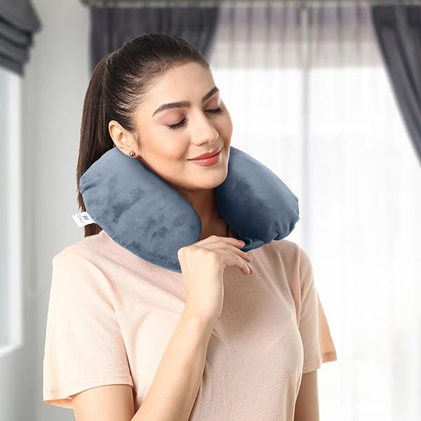Image of Memoir Memory Foam U-Neck Travel Pillow - Grey | Neck Support | Round Shape | Soft Velvet Cover | Men & Women