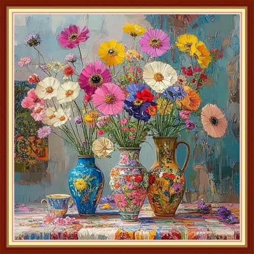 Image of Redxing Stamped Cross Stitch Kits Embroidery kit for Beginners Adults Full Range of Embroidery Patterns Starter Kits DIY Printed Cross Stitch Kits Needlepoint Kits 11CT-Colorful Flowers 18x18 inchs