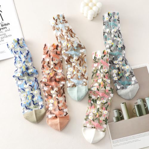 Image of DXYAKY 5 Pairs Sheer Floral Socks for Women, Lightweight Mesh Ankle Lace Socks, Breathable Summer Cute Transparent Stockings
