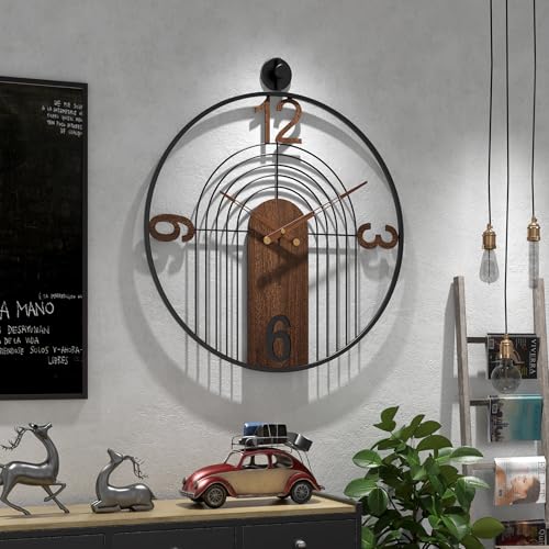 Image of Modern Large Walnut Dial Wall Clock, Wood Metal Frame Silent Non Ticking Wall Clocks Decoration for Living Room, Bedroom, Kitchen, Study, Handmade Home Decor Present Idea, 22 Inch