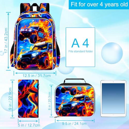 Image of 3Pcs Race Car Backpack, Boys Kids Bookbag with Lunch Box, 17 inch School Backpacks for Elementary Preschool Kindergarten (Fire Red)