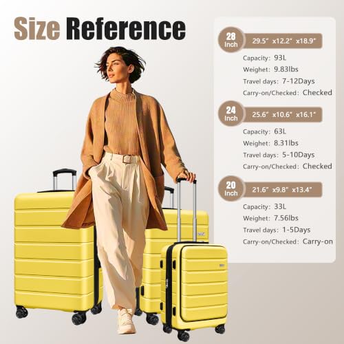 Image of KEYTANG SmileLine 3-Piece Luggage Set Lightweight Hardside Suitcase TSA Lock Spinner Wheels, 20 inch Expandable Carry-On Luggage with Quick Access Front Open Pocket, Bonus Makeup Bag,Yellow