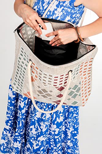 Large summer Beach Tote Bag Boho Zipper Closure Bohemian, Rope Handles Shoulder Loomed Beach Bag for Women Gym Yoga - Image 4
