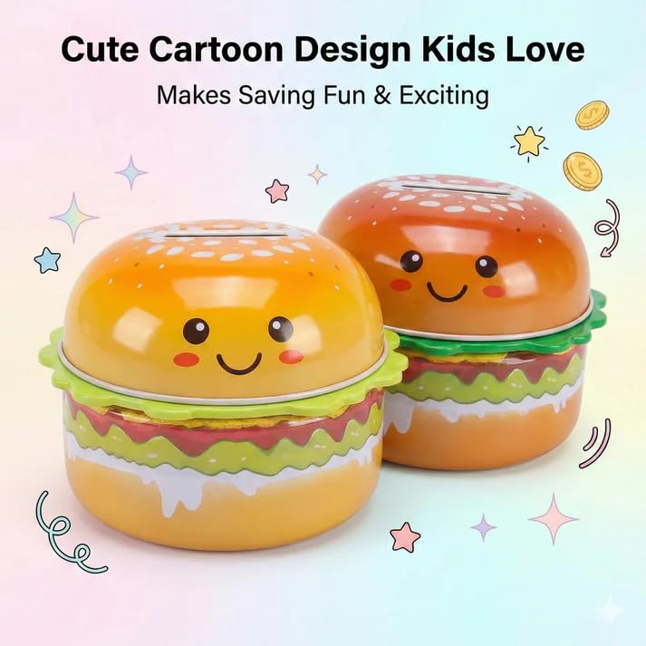 Image of Sajani Cute Cartoon Creative Portable Piggy Bank, Money Saving Box with Combination Lock, Mini Coin Bank Gifts for Boys and Girls, Best Return Gifts for Kids (Pack of 1) (Burger)