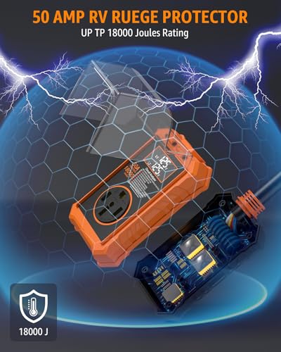 Image of RV Surge Protector 50 Amp with Smart LED Display for Camper | 18000J Circuit Analyzer, Waterproof, Auto Shutoff & Reset for High and Low Voltage, Fits Travel Trailers