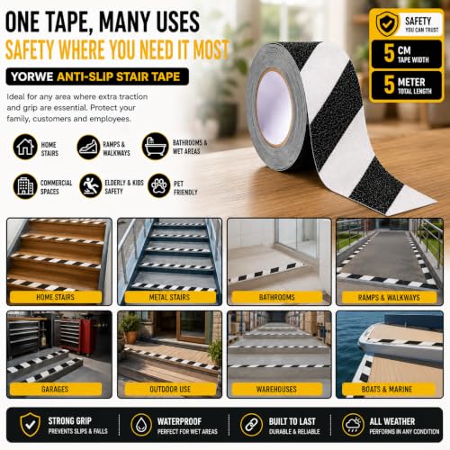 Image of YORWE Anti Slip Stair Tape with Glow in the Dark Strip - Heavy Duty Waterproof Non Slip Traction Tape for Stairs, Steps, Outdoor & Indoor Safety (Black and White, 5 Meter)