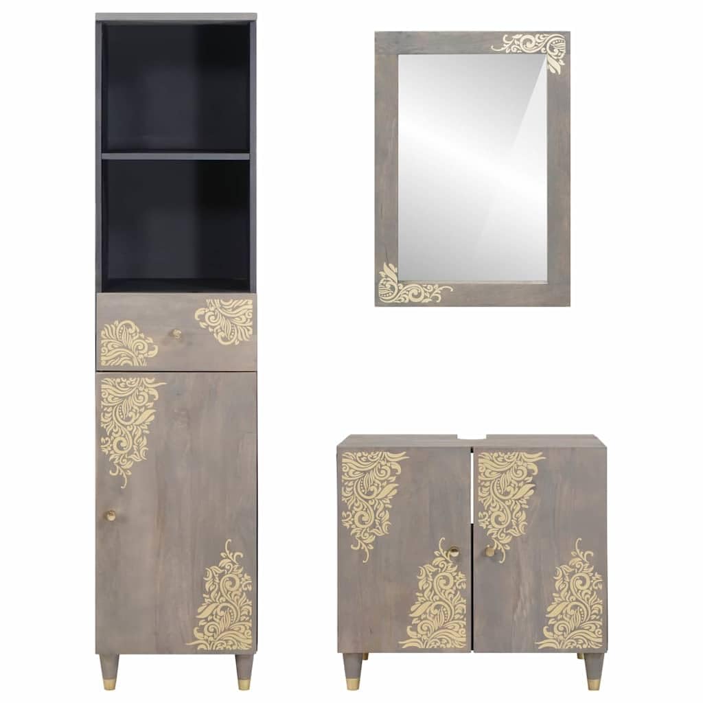Set Mobili da Bagno 3 Pezzi in Legno Massello di Mango Grigio | Set con mobile sottolavabo, specchio e colonna per ottimizzare lo spazio nel bagno con un elegante tocco rustico.