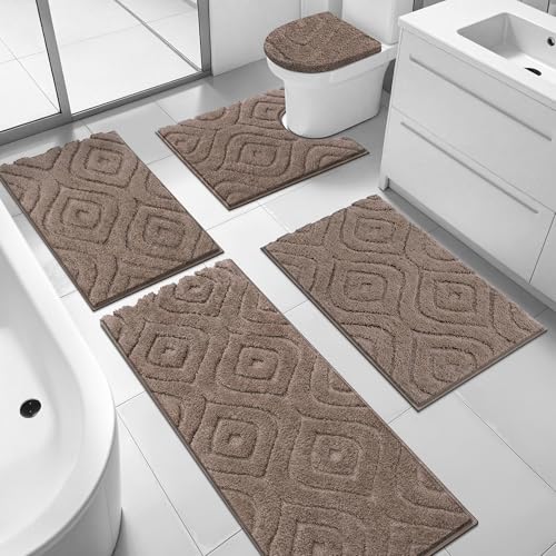 Ileading Bathroom Rugs Sets 5 Piece Ultra Soft Absorbent Bath Mat for Bathroom Non Slip Washable Bath Rug Set with Toilet Cover Plush Bath Runner and U-Shaped Contour Toilet Rug Coffee