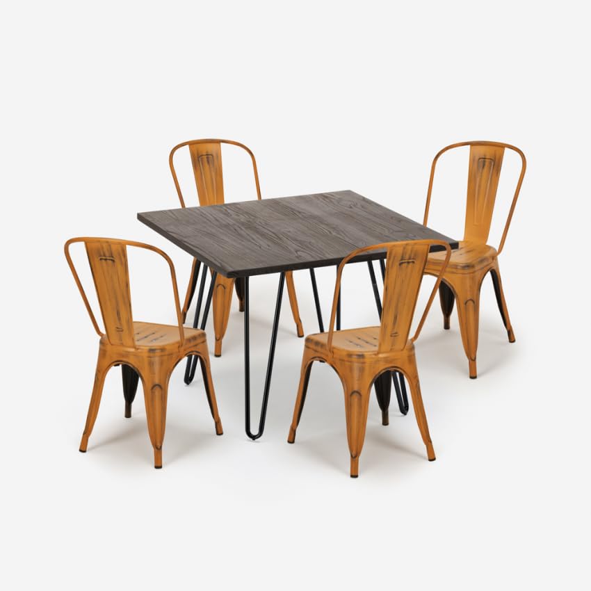Produce Shop Juego Mesa Cuadrada 80 x 80 cm Madera Metal 4 sillas Vintage Hedges Dark - Naranja