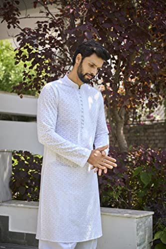 Image of See Designs Mens Kurta - Cotton Regular Fit Embroidered Mandarin Collar Chikankari Kurta