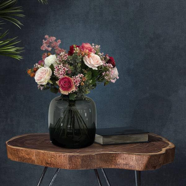 Kunstblumenstrauß Flammenrosen 45cm | Handgebundener Strauß mit Kunstrosen, Beeren & Laub, Hochwertige künstliche Blumen, Für Zuhause & Geschenkideen