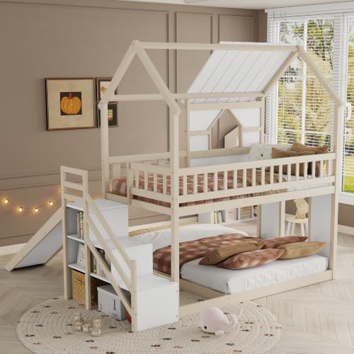 Image of Bellemave Bunk beds Twin Over Full with Slide,Storage Staircase,House roof Design,Low bunk /loft Bed for Kids,Beige