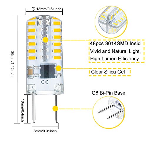 Leke G8 Bulb T4 G8 Bi Pin Led Bulb 2.5W Equivalent To G8 Halogen Bulb 20W,G8 Led Dimmable Light Bulb Warm White 3000K,Ac 110V 120V 130V(6 Pack) #TOP2