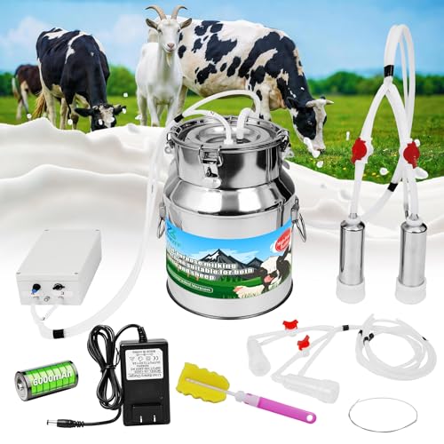 2-in-1 Upgrade 3.7Gal/14L Portable Electric Milker Milking Machine for Cows and Goats with Food-Grade Stainless Steel Bucket 4 Teat Cups and Pulsation Vacuum System for Farm Ranch and Home Dairy Use