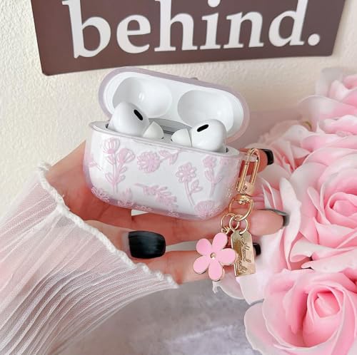 Image of MINSCOSE Compatible with AirPods Pro 2 Clear Case,Cute Flower Floral Aesthetic Design with Flowers Keychain, Soft TPU Protective Shockproof Case for Women Girl for Airpod Pro 2-Pink