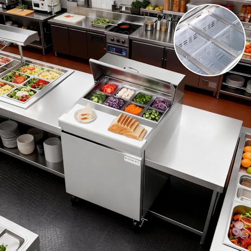 Image of BODEGACOOLER 27 inch W Sandwich Prep Table Refrigerator, 8.03 Cu.Ft Pizza Prep Table, Commercial Salad Bar with Single Stainless Steel Door, 8*1 /6 Pans, Cutting Board for Restaurant, Home, Cafe, Bakery