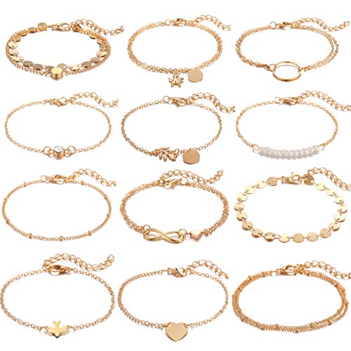 Dremcoue 12 Pcs Gold Bracelets for Women Girls Handmade Adjustable Chain Charm Bracelet Set Simple Dainty Bracelet Set