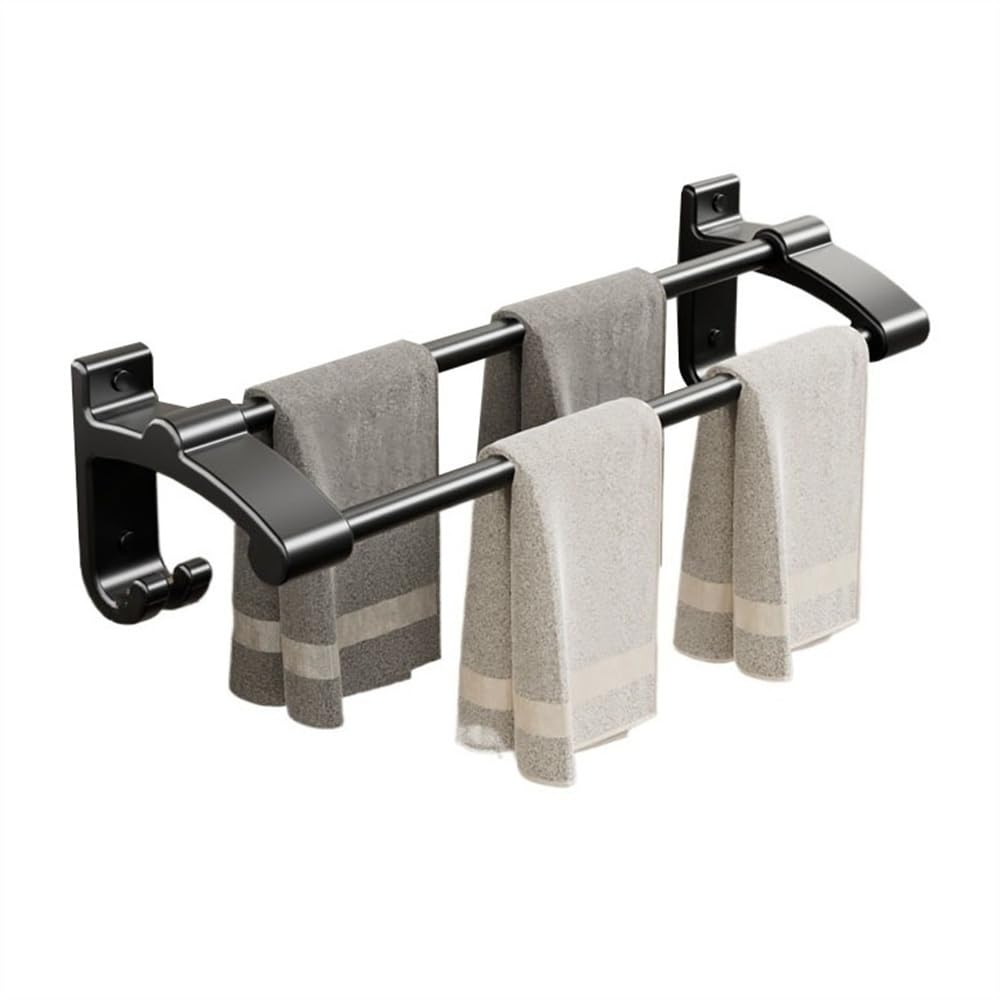 Towel Rack Bath Towel Bar No Drilling, Thicken Aluminum Hanger with 2 Hooks(Black,30cm)