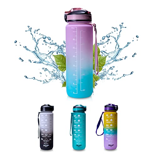 GMP.STAR 1L Water Bottle, Leak Proof with Quick Open Lid and Time Markings, 100% BPA Free, Motivational Gym, Travel