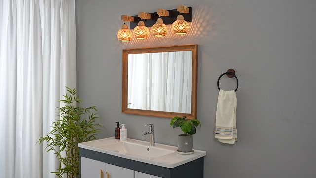 Image of LmnLvn Farmhouse Bathroom Light Fixture, 3-Light Boho Vanity Light, Bamboo Bathroom Light Fixture Over Mirror Rustic Vanity Lighting with Handmade Bamboo Shades, Suit for Restroom, Bedroom, Hallway