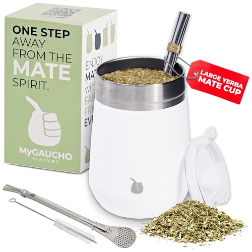 Image of MyGaucho Yerba Mate Cup Gourd Set, Large 10oz, 2 Bombillas & Spill-Prev Lid | Includes BPA-free lid and cleaning brush for easy prep, comfortable sipping, and simple cleanup at home, work, or on the go
