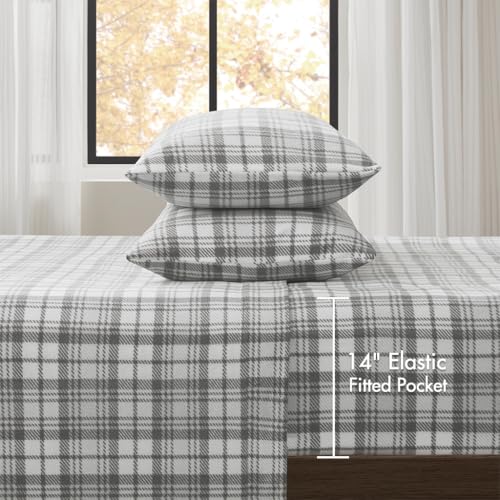 Image of True North by Sleep Philosophy Micro Fleece Bed Sheet Set, Warm, Sheets with 14 inch Deep Pocket, for Cold Season Cozy Sheet-Set, Matching Pillow Case, Twin, Grey Plaid, 3 Piece