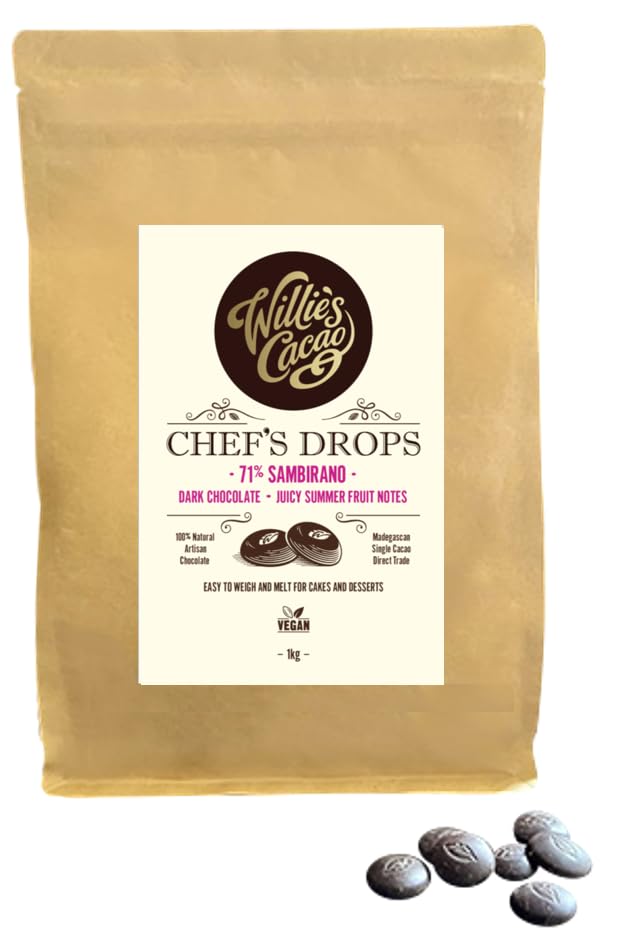 Willie's Cacao - Sambirano 71% Dark Chocolate Chef's Drops 1kg - Couverture Chocolate with Summer Fruit notes - For cooking & baking - Vegan