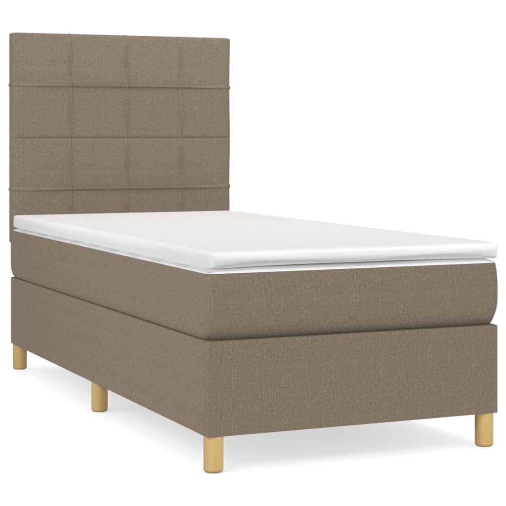 Łóżko kontynentalne z materacem, kolor taupe 90 x 200 cm, obicie materiałowe, zagłówek z regulacją wysokości, rdzeń sprężynowy kieszeniowy, zapewnia spokojny sen