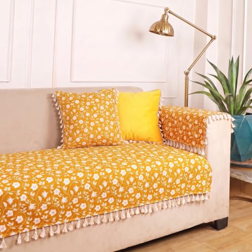 Image of ishro home Premium Sofa Cover 2 Seater Protecter with 2 Handle Covers - Soft European Standard Fabric, Frill Design, Machine Washable | (Yellow Floral, 2 Seater, Seat Cover)