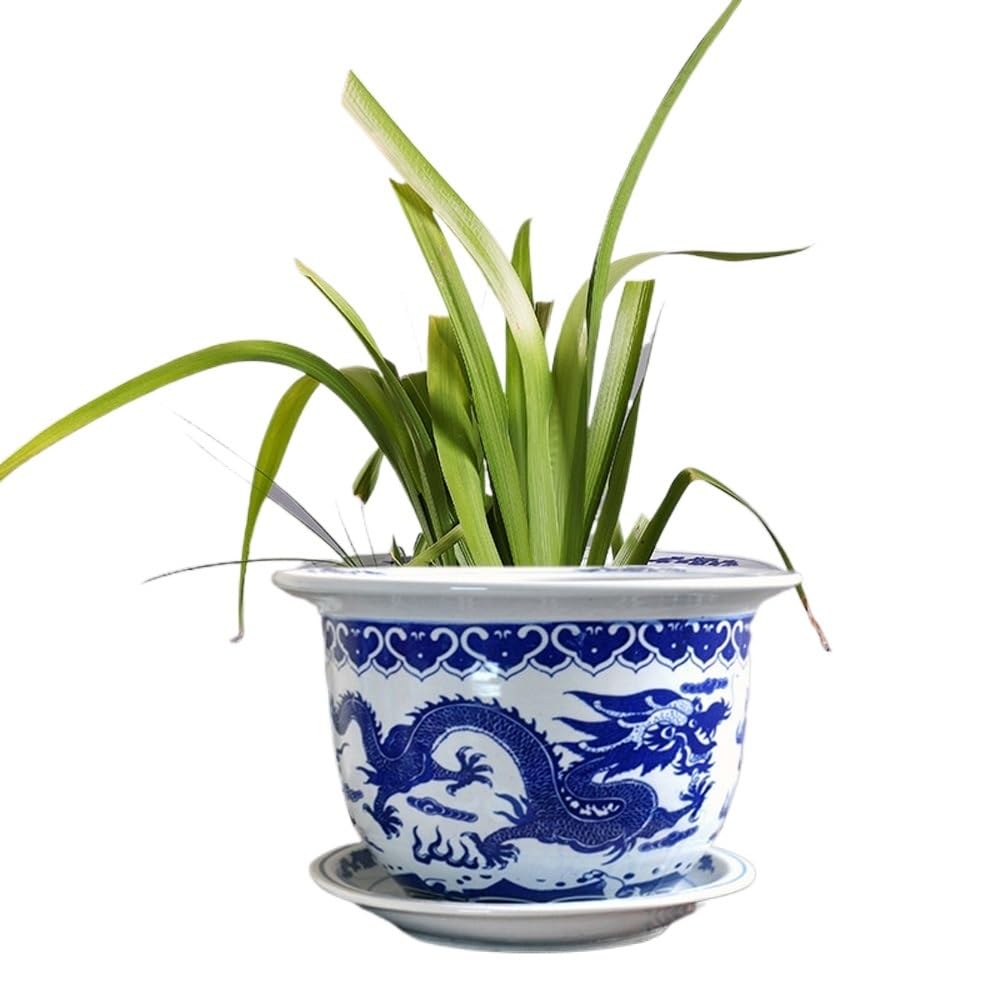 Niebieski i biały smok ceramiczna donica z podstawką, porcelanowa doniczka Jingdezhen, duża doniczka do domu / biura (21 cm x 16 cm)