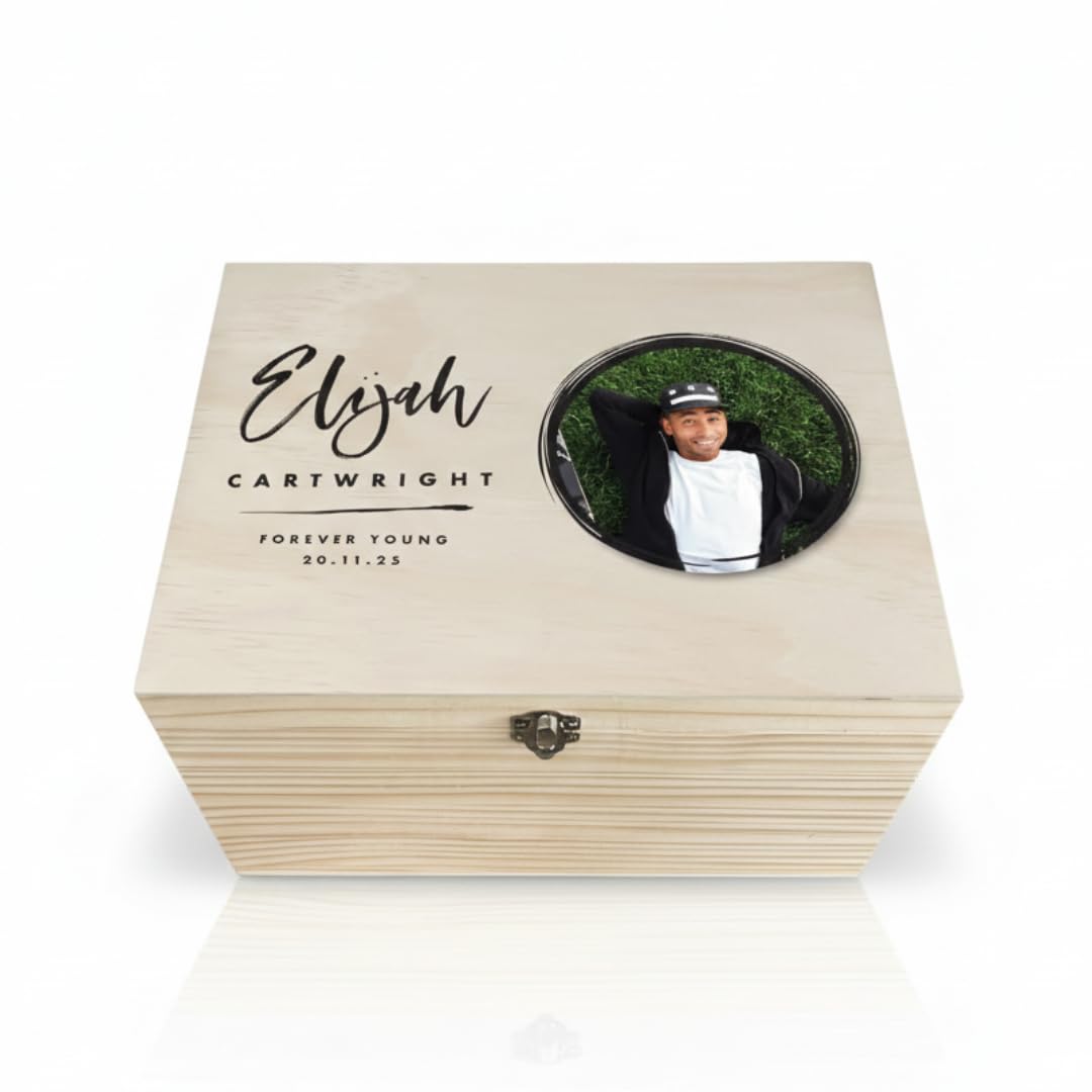 Personalised Natural Wood Circle Photo Memory Box | Custom Name, Message & Date Keepsake Chest | Premium Pine Box for Memorials, Milestones & Birthdays | W20cm x D15cm x H11cm