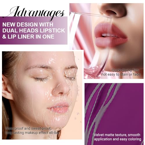 Image of evpct 1Pcs Purple Matte Lip Liner & Liquid Lipstick Stain Makeup Set for Women, Purple Lip Liner Stain Long Lasting Waterproof Smudge Proof, Cruelty Free Lip Stick Makeup 24 hours originales, 52