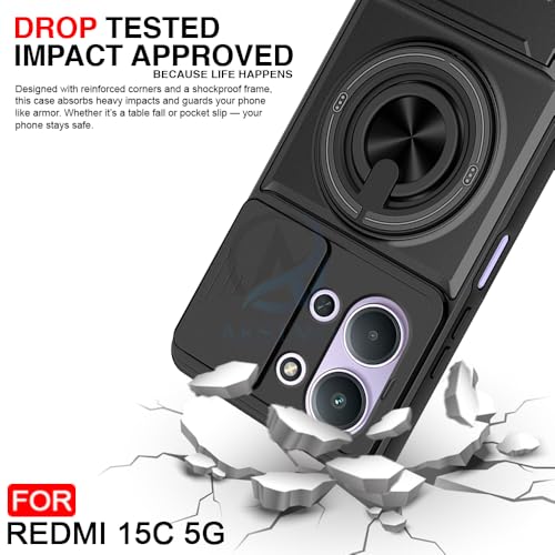 Image of AESTMO Redmi 15C 5G Back Cover | Armor Camera Slider 360 Degree Rotating Finger Ring Holder Case with Bracket Stand Back Case Cover (Compatible with MagSafe Accessories) (Black)