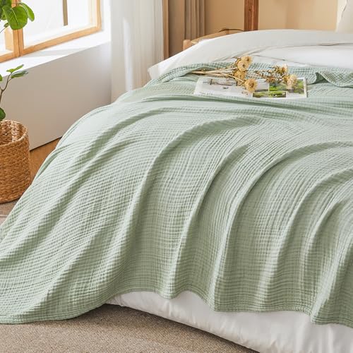 EMME Cotton Muslin Large Throw Blanket Couch Breathable Gauze Soft Lightweight Bed Blankets Adults (Heather Sage Green, 50"x70")