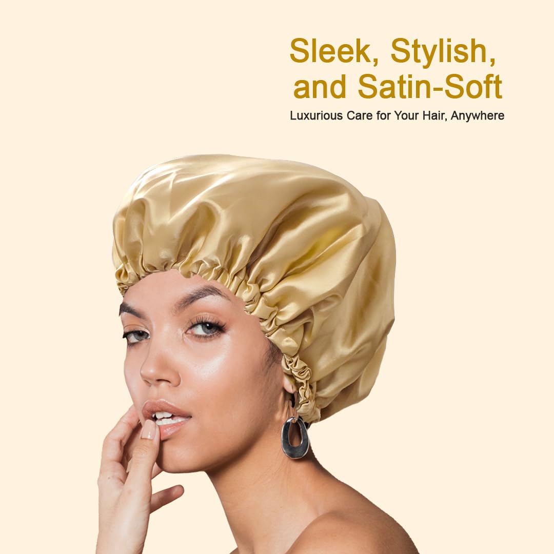 Slymet | Extra Large Double-Layer Satin Hair Bonnet for Sleeping, Frizz-Free Silk Night Cap for Curly and Long Hair, Elastic Satin Sleep Cap for Men and Women (IN, Alpha, Free Size, Beige) 1