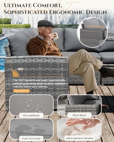 Image of U-MAX 7 Pieces Patio Furniture Set, Outdoor Sectional Sofa Conversation Set, All Weather Wicker Rattan Dining Table & Chair with Ottoman, Grey Rattan&Grey Cushion