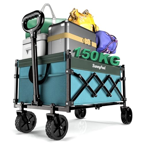 SunnyFeel 大容量120L 耐荷重150k キャリーワゴン 小型 アウトドアワゴン 折りたたみ 本体・底板一体型 アウトドア用キャリーカート タイヤ取り外し可能 4輪 コンパクト 静音 軽量 5.1KG 自立収納 アウトドア (ブルー)（Amazon）
