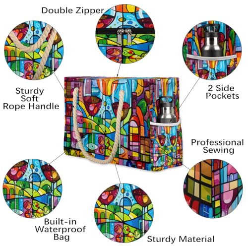 Colorful Abstract Wine Glass Beach Bag for Women Ladies Large Beach Pool Tote Bag Sandproof Beach Tote with Zipper Gym Tote Carry On Bag Reusable Grocery Shopping Bag for Weekender Travel Daily3