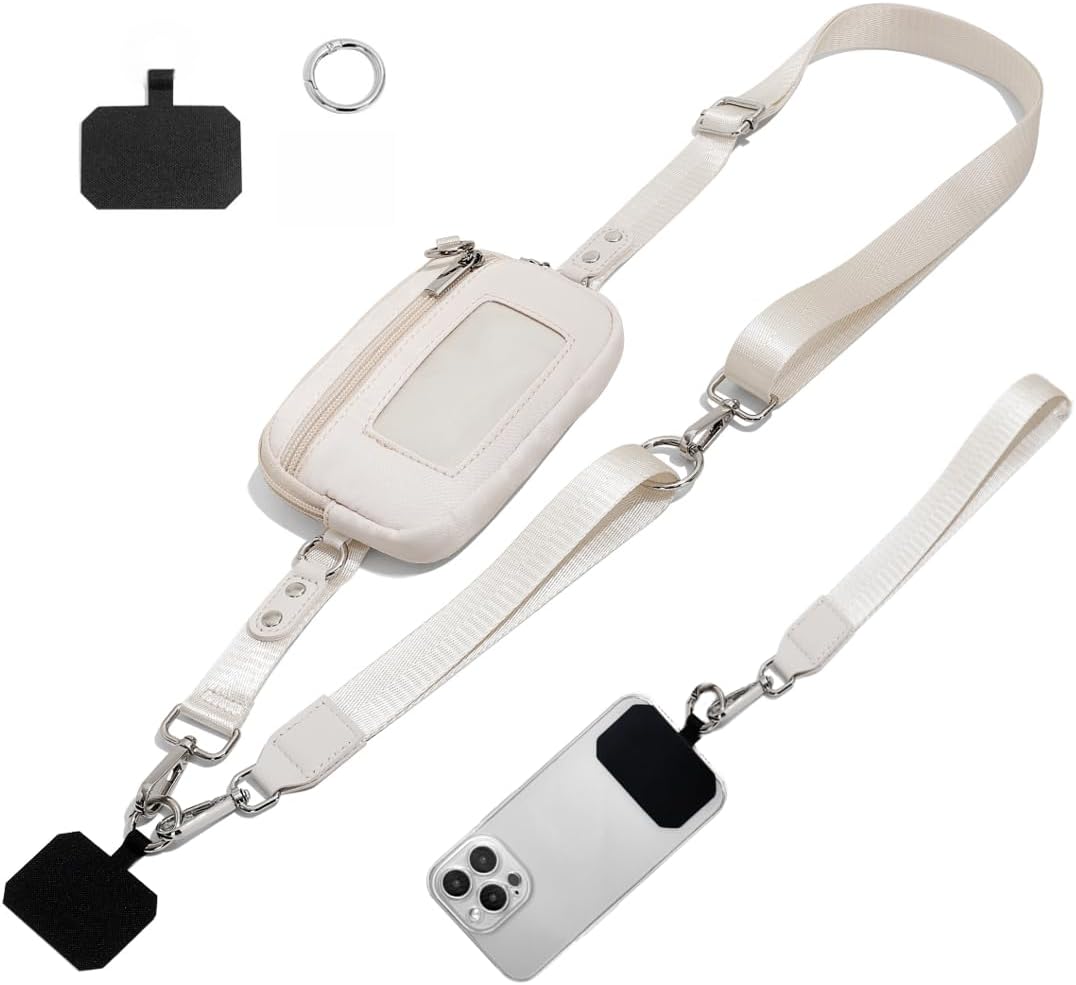 Cell Phone Lanyard with Wallet, Retractable Phone Strap for Women and Men, Detachable RFID Wallet with ID Window (Creamy White)