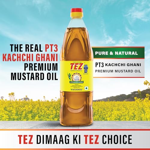 Image of Tez Mustard Oil for Cooking 1L | PT3 Kachchi Ghani Sarson Ka Tel | 100% Pure & Natural Oil | Promotes Gut Health with Antibacterial & Antifungal Benefits | Supports Good Health (Pack of 3)