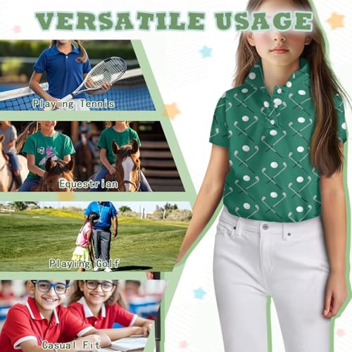 Girls Short Sleeve Golf Shirt 3 Button Up Lapel Collar Tennis Shirts Quick Dry Uniform Athletic Tank Tops for 5-14Y4